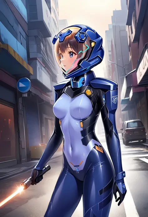 short hair, street, emo, BLACK hair, white eyes, eyeliner, apocalypse, (astronaut, girl, road, city,  fortified suit, ((blue:1.5) plugsuit), short hair, outdoors, cinematic light,  medium breasts, covered navel, space helmet, muvluv, space helm, eva helmet...