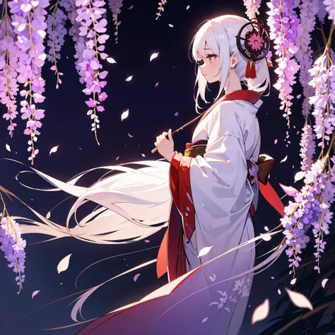 a beautiful geisha in the wisteria forest,  dark night, , (Beautifully Aesthetic:1.2),wisteria, peace, tranquility, serenity, petals, red kimono, white hair