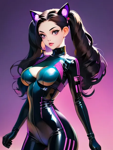 (masterpiece),(best quality),extreamly delicate and beautiful,illustration,((perfect female figure)),mature female,1 rider girl,i:p masquerena, bodysuit,black very long hair,twintails, purple eyes, cyberpunk  city background,cat ears helmet,