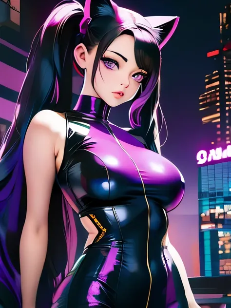 (masterpiece),(best quality),extreamly delicate and beautiful,illustration,((perfect female figure)),mature female,1 rider girl,i:p masquerena, bodysuit,black very long hair,twintails, purple eyes, cyberpunk  city background,cat ears helmet,