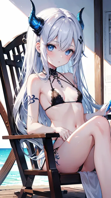 ,girl,Highest quality,,Silver Hair,,blue eyes,,White skin,Sleepiness,Very long hair,,Half an eye,rock,Restraints,small胸,,Dragon Horn,,Tattoo,small,Lace Micro Bikini,Deck chair,,