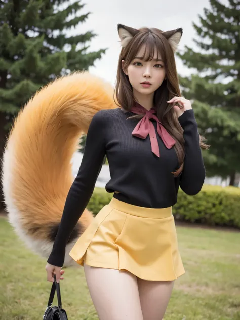 ((Highest quality, 8k)), ((masterpiece)), (Highest Resolution), Perfect Face, Fox Girl, high school girl, Beautiful woman, public, One tail, She has thin thighs, Big tail, She has a yellow fox tail., She wags her tail, Troubled face,  She is wearing a shor...