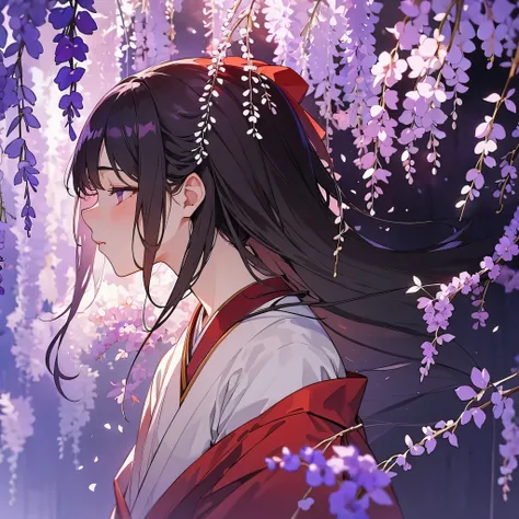 a man is kissing a woman in the wisteria forest,  dark night, , (Beautifully Aesthetic:1.2),wisteria, peace, tranquility, serenity, petals, red kimono