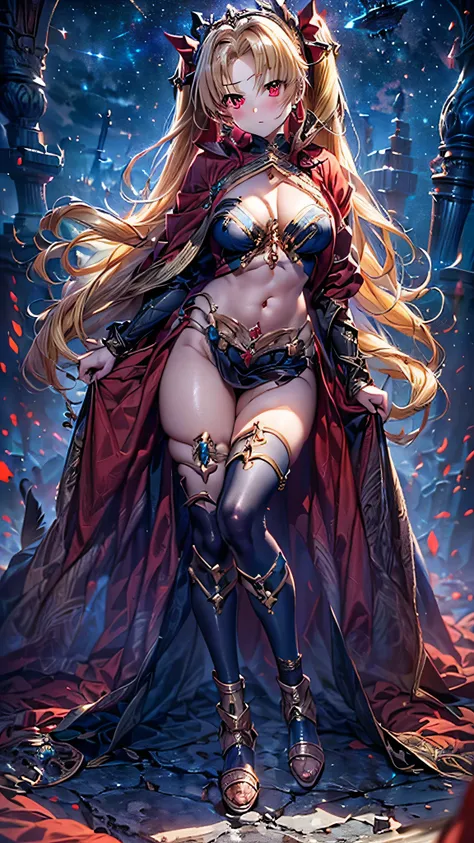 (((Mistress of the Underworld)), beautiful, blonde, ((Ereshkigal)) (((Two-side up hairstyle))), ((Shiny red eyes)), ((Full body)) Goddess, flying in the sky background space