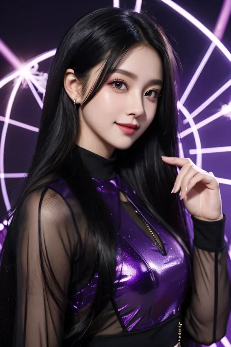 Young Girls, Black long hair。 Purple Eyes, Xia 2099 Model, Smile, cobweb, lightning, masterpiece, high quality