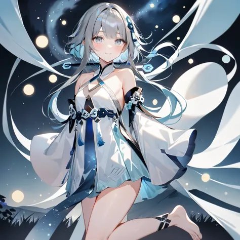 score_9, score_8_up, score_7_up, score_6_up,1girl, guizhong_(genshin_impact),(grey hair),short_hair_with_long_locks in front and low ponytail in back,gradient_hair,(pale grey eyes with seafoam gradient),starry_sky_print,detached_sleeves white outside blue ...