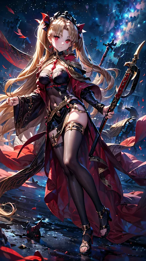 (((Mistress of the Underworld)), beautiful, blonde, ((Ereshkigal)) (((Two-side up hairstyle))), ((Shiny red eyes)), ((Full body)) Goddess, flying in the sky background space