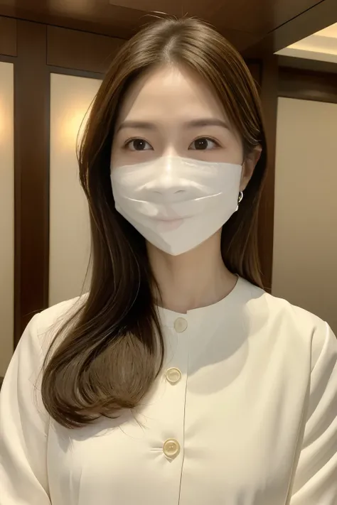 Very fine grain、Summer clothes、白いWearing a mask,Wearing a mask、White Mask、arafed woman wearing a face マスク、(Highest quality、High resolution、masterpiece:1.3)、(The background is a luxury hotel lobby)、Precise expression of details such as face and skin texture...