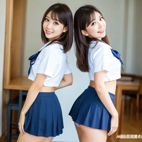 ((Highest quality、8k、Best image quality)) (school uniform、Uniform shirt、Sailor suit、Navy check skirt 1:1)、Happy smile、Look at me、Straight Hair、Be in a well-lit room、Long eyelashes、Perfect Makeup、Short skirt、Ample breasts、Soft and warm lighting、whole body、A...