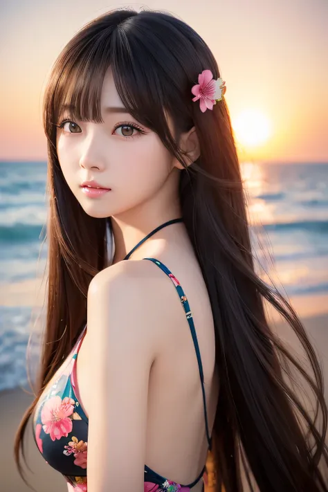 Woman with long hair and wearing a floral swimsuit Chinese woman Beach Realistic anime 3D style Photorealistic anime Cute realistic portrait Cute natural anime face Ultra realistic anime Photorealistic!!!!!!Art style Realistic young anime girl Beautiful an...