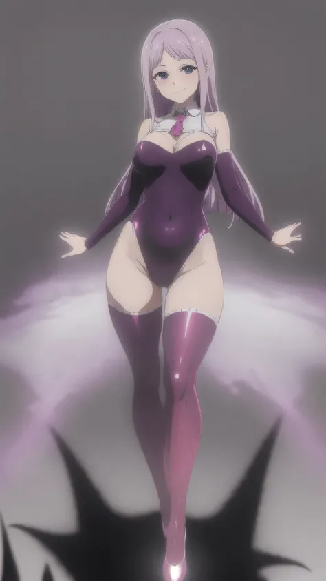 (masterpiece),(Highest quality),(Dark aura),Melascula,(anime),Hollow Eyes,length_hair,pink_hair,purple_hair,鈍い前hair,leotard,Knee socks,White bodysuit,White cloth,Medium chest,belly button,stomach,magic,(smile),Are standing,Looking_in_Audience,two hands,Two...