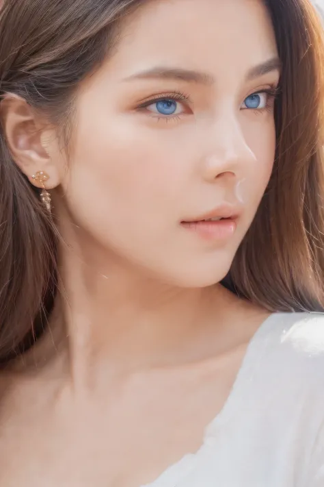 hyper Realistic photograph of Beautiful half Thai and Russia  girl with blue eyes, high detailed of eyes reflextion and features, natural skin and very light makeup and ring earrings in her ears in a white blouse, with high resolution, natural light, profe...