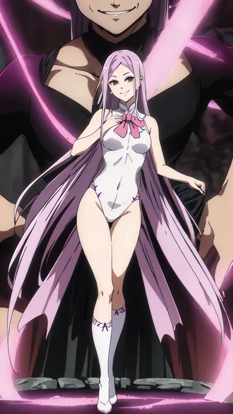 (masterpiece),(Highest quality),(Dark aura),Melascula,(anime),Hollow Eyes,length_hair,pink_hair,purple_hair,鈍い前hair,leotard,Knee socks,White bodysuit,White cloth,Medium chest,belly button,stomach,magic,,Are standing,Looking_in_Audience,two hands,Two legs,f...