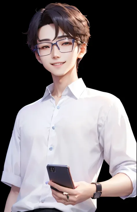 Close-up of a person holding a mobile phone in his hand, cai xukun, Smooth anime CG art, Cute and slightly nerdy smile, Inspired by Border Guardians, yanjun chengt, As anime character, Full body portrait, Realistic anime 3D style, Single character full bod...