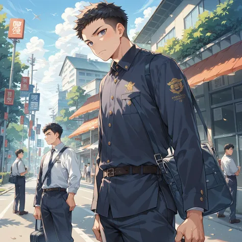 Fraction_9, Fraction_8_Direction_7_up, src_Japanese cartoons, (1 black-haired strong male), Uniforms, campus