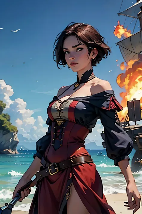 fascinating female pirate captain、off the shoulder、sexy looks, short hair、two galleons、naval battles、(two galleons exchange gunf...