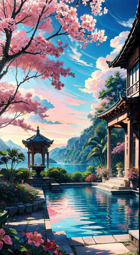 a painting of a pool with pink flowers and a gazebo, beautiful art uhd 4 k, tropical pool, a beautiful artwork illustration, royal garden background, very detailed paradise, tropical paradise, gigantic pillars and flowers, paradise in the background, relax...