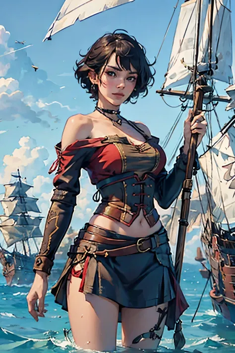 fascinating female pirate captain、off the shoulder、sexy looks, short hair、two galleons、naval battles、(two galleons exchange gunf...