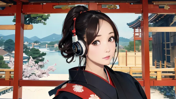 (Highest quality, 8k, masterpiece, High resolution), (whole body), Vibrant colors, (Japanese style headphones), Brown-black bob, Traditional topknot, Ample breasts, (Highly detailed face and eyes, Beautiful Face, Beautiful Eyes, Beautiful nose, Pretty lips...