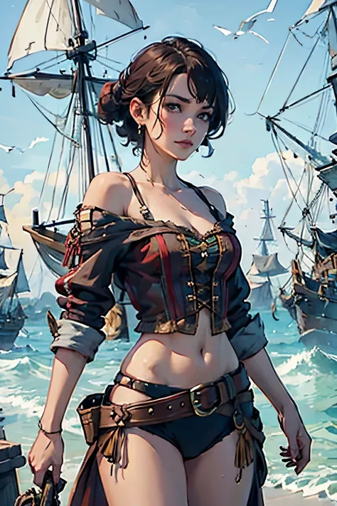 fascinating female pirate captain、off the shoulder、sexy looks, short hair、two galleons、naval battles、(two galleons exchange gunf...