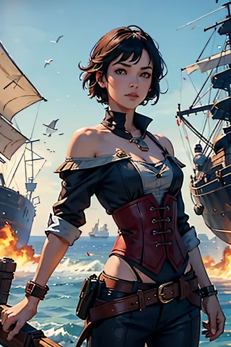 fascinating female pirate captain、off the shoulder、sexy looks, short hair、two galleons、naval battles、(two galleons exchange gunf...