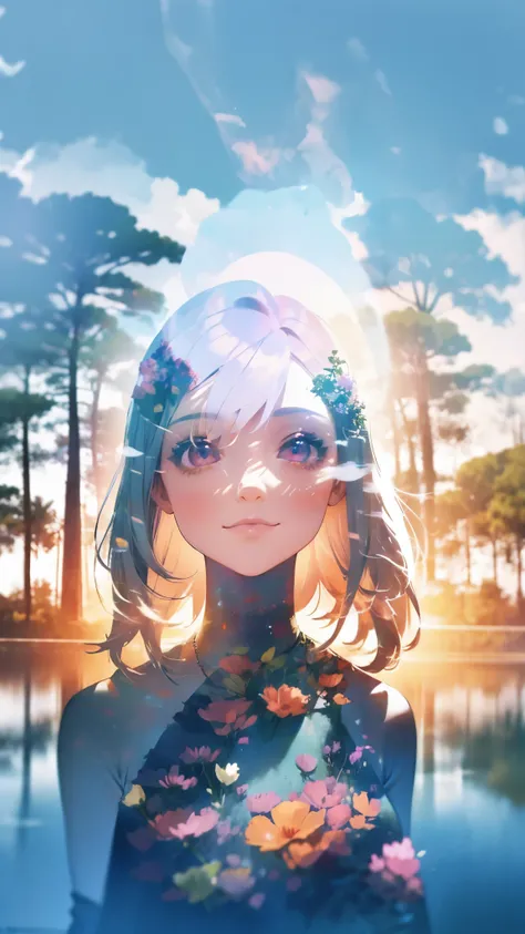 This unique image immerses you in a fantasy setting, Featuring a girl with a big smile, Her dress blends into the dreamy lakeside backdrop, Enhanced with stunning multiple exposure effects.