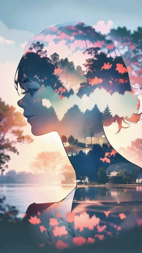 This unique image immerses you in a fantasy setting, Featuring a girl with a big smile, Her dress blends into the dreamy lakeside backdrop, Enhanced with stunning multiple exposure effects.