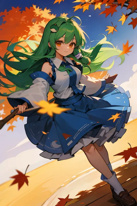 Sanae Kochiya from Touhou Project background with autumn leaves