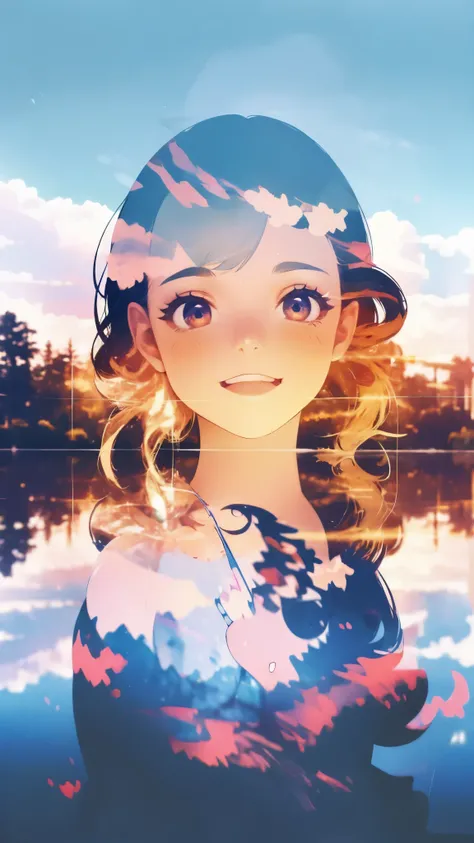 This unique image immerses you in a fantasy setting, Featuring a girl with a big smile, Her dress blends into the dreamy lakeside backdrop, Enhanced with stunning multiple exposure effects.