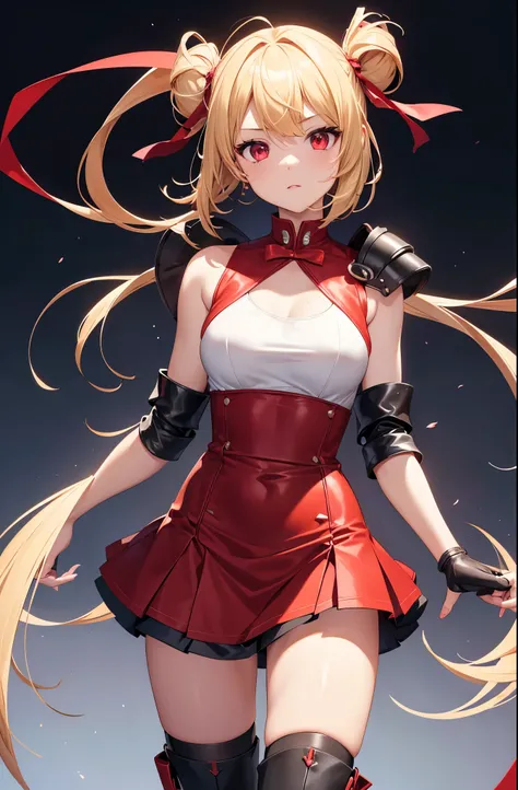 Idol-like animated characters High quality of face, Firm eyes. One girl, powerful gaze. Blonde twin-tail short hair, slightly bouncy, red ribbon. White tank top type like combat uniform. Dark red armored leather skirt, armored nightdress dark red arm cloth...