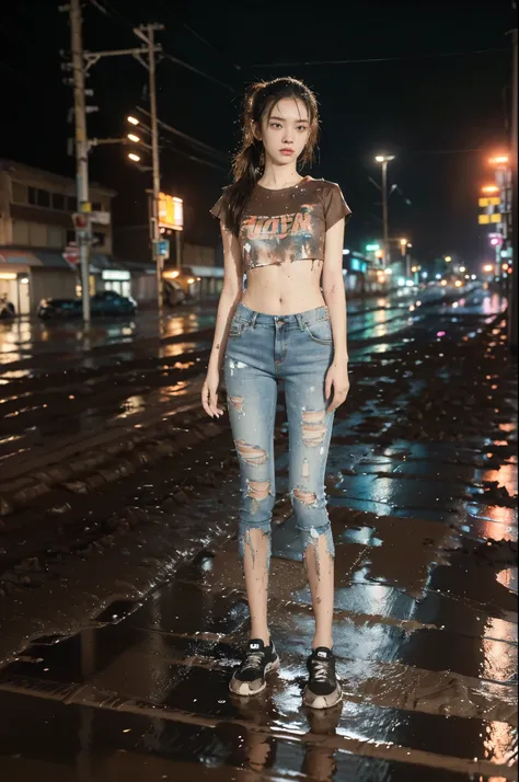 (((best quality))),(((ultra detailed))),(((masterpiece))),illustration,((1 beautiful girl,solo)),(short ponytail:1.2),(((sweat,wet))),((slim,thin)),((small breasts,flat chest)),(torn brown short-sleeved shirt:1.3),(torn brown sports pants:1.3),(slender leg...