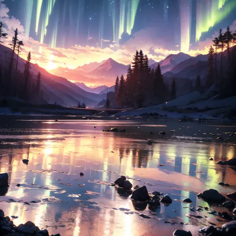Create a detailed and high-definition image of a serene night scene with a silhouetted mermaid musician playing a violin on a cliff edge, backlit by a full moon. The sky should be filled with stars and faint auroras, casting a gentle glow over the landscap...