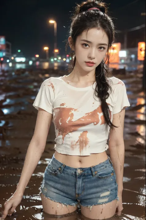 (((best quality))),(((ultra detailed))),(((masterpiece))),illustration,((1 beautiful girl,solo)),(short ponytail:1.2),(((sweat,wet))),((slim,thin)),((small breasts,flat chest)),(torn brown short-sleeved shirt:1.3),(torn brown sports shorts:1.3),(standing:1...