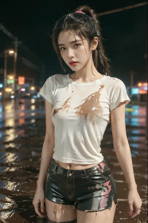 (((best quality))),(((ultra detailed))),(((masterpiece))),illustration,((1 beautiful girl,solo)),(short ponytail:1.2),(((sweat,wet))),((slim,thin)),((small breasts,flat chest)),(torn brown short-sleeved shirt:1.3),(torn brown sports shorts:1.3),(standing:1...