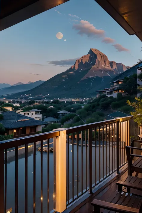 
"A balcony with rain falling, a sunset, a mountain with the moon rising in the background, and water shining and glistening brightly, reflecting the sunlight all the way to the balcony."