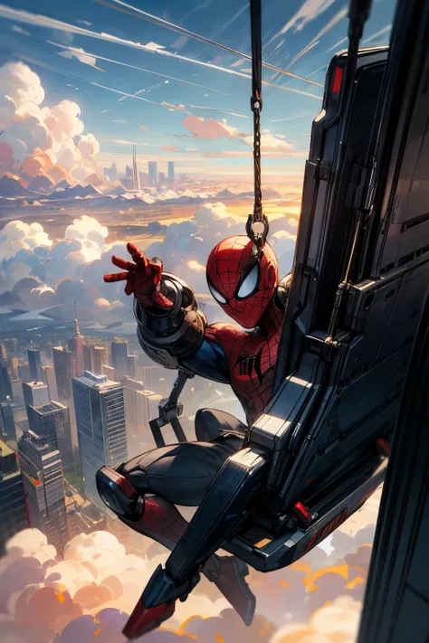 ((best quality)), ((masterpiece)), (detailed), robotic spiderman(full robot costum) is swinging in the city building from the outside 360° view at noon, sunset, plane in the sky, clouds, galsses builing 