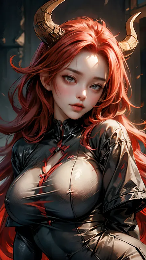 Very detailed, Seductive woman with horns, Tight shirt, (plump, The breasts are too big，Shirts always get torn, Red hair), Face-centered, Face Focus, Complex eyes,