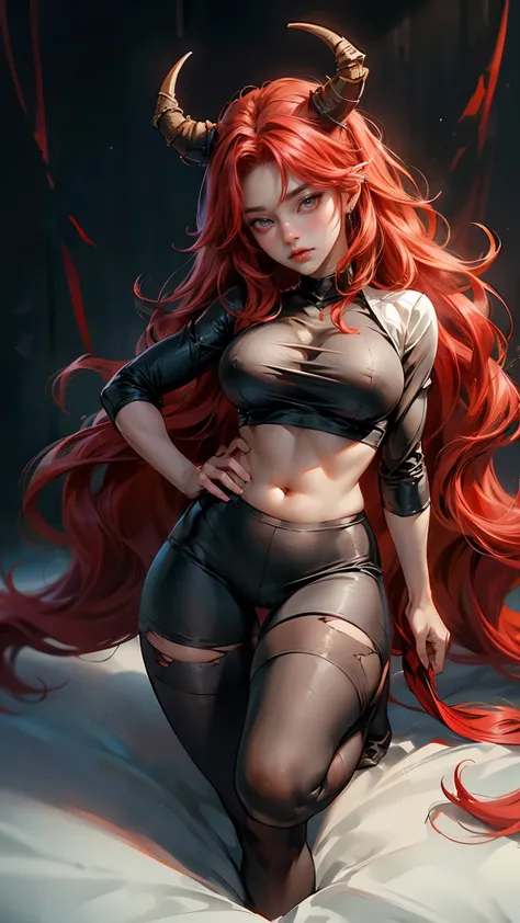 Very detailed, Seductive woman with horns, Tight shirt, (plump, The breasts are too big，Shirts always get torn, Red hair), Face-centered, Face Focus, Complex eyes,Full body image