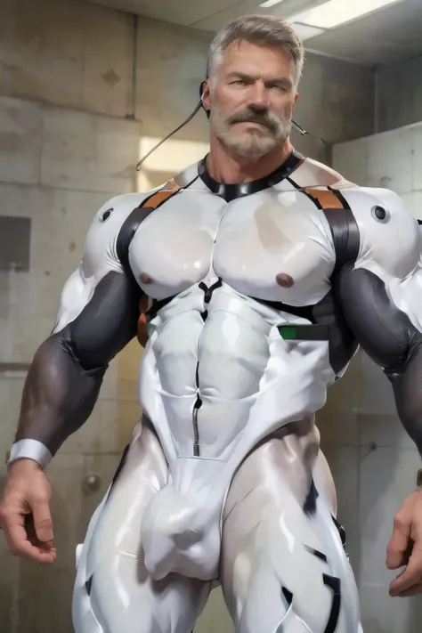 (masterpiece, best quality), 1 old man, handsome beautiful face, muscle male, beautiful body, wearing ayanami plugsuit, bodysuit, interface headset, white bodysuit, nice bulge, nicebulge,