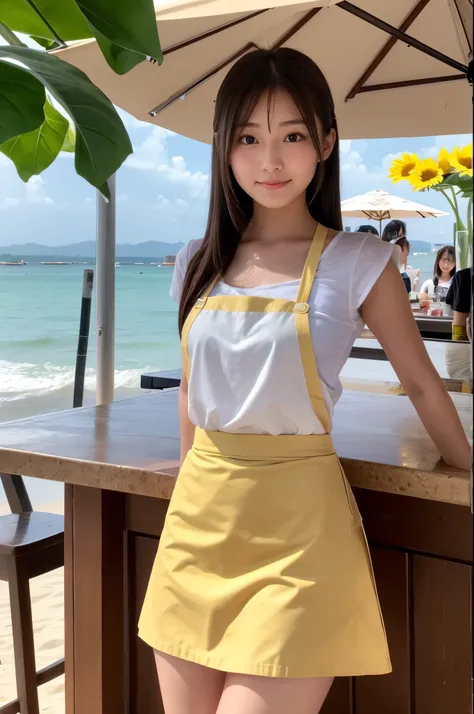 20 years old girl (Japanese pretty face) is wearing white apron, mini skirt at the beach bar with sunflower