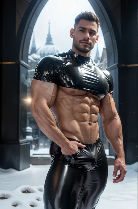 ultra high res, best quality, photo, 4k, (photorealistic:1.4), cinematic lighting, a muscular man, abdominal muscle, wearing black shiny tight latex crop top,gold black tight latex leggings,cyberpunk environment, snow and environment in the background, cat...