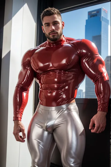 ultra high res, best quality, photo, 4k, (photorealistic:1.4), cinematic lighting, a muscular man, abdominal muscle, wearing red shiny tight latex crop top,white latex leggings,cyberpunk environment, snow and environment in the background, cathedral of , p...