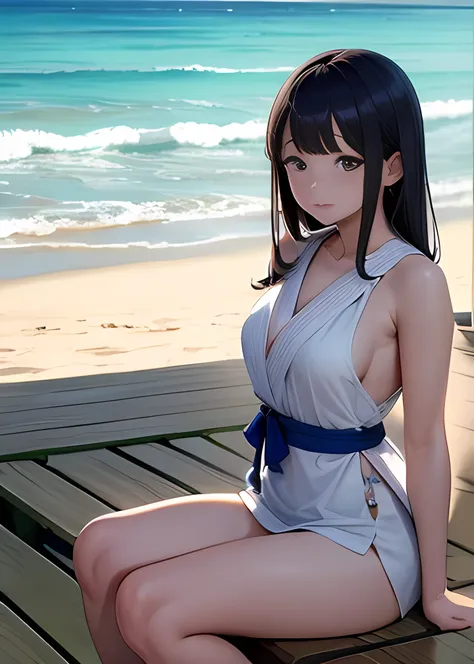 (masterpiece,best quality:1.4),(8k,raw photo,photo realistic:1.2),shiny skin,detailed skin,detailed face,detailed eyes,1girl,Japanese idol,beautiful face,Anime girl in blue and white bikini sitting on a towel at the Beach, At the Beach, At the Beach, sitti...