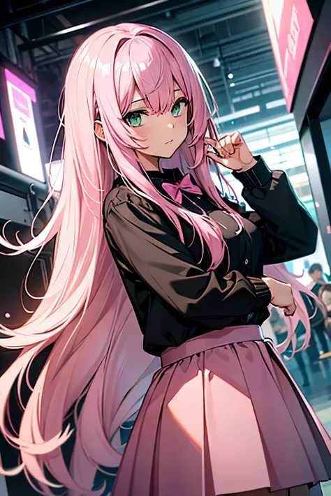 woman, black shirt, long sleeves, pink bowtie, pink skirt, black pants, pink hair, long hair, green eyes