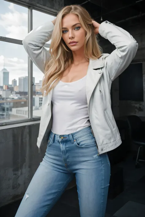 model photo shoot in studio handsome charming 25 years old muscular white skinned woman with long blond hair blue eyes standing in front of a window, hands on head, detailed leather texture, leather jacket white t - shirt, blue jeans, concrete wall night c...