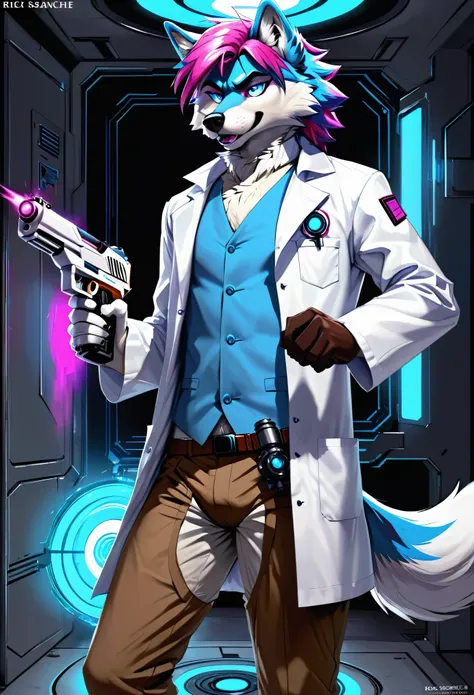 Sexy wolf, Male, furry, blue white, and fuchsia, rick sanchez, black eyes, blue hair, white lab coat, brown pants, holding one of rick sanchez portal gun, (score_9,score_8_up,score_7_up,score_6_up,score_5_up,score_4_up)
