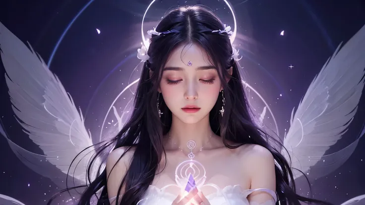 "Ethereal image of a person meditating, surrounded by soft purple and white light, spiritual energy streams, mystical symbols floating around, dreamy atmosphere, digital art style, centered composition"