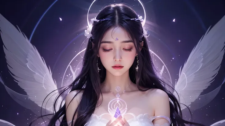 "Ethereal image of a person meditating, surrounded by soft purple and white light, spiritual energy streams, mystical symbols floating around, dreamy atmosphere, digital art style, centered composition"