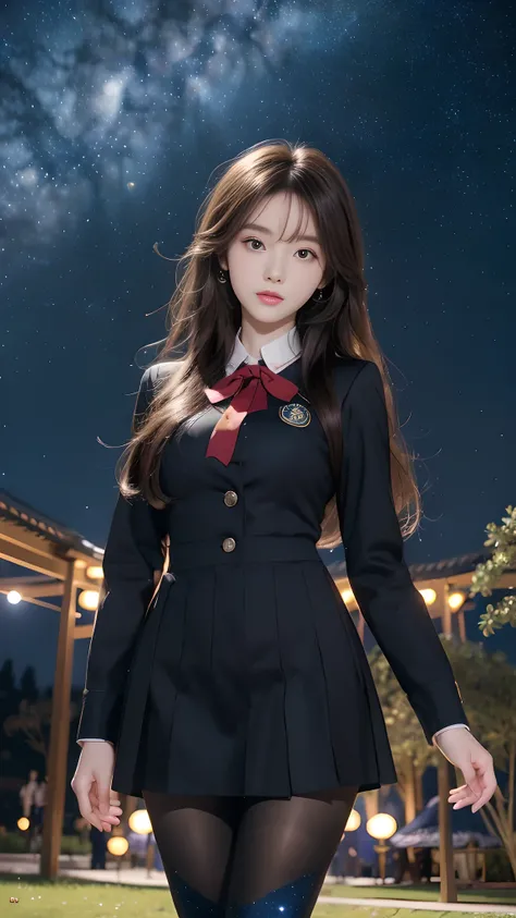 ulzzang-6500-v1.1, (RAW photo: 1.2), (Real photo), (Real photo: 1.4), 1 girl、Perfect anatomy、20 years old、Looking at the camera、Medium length hair、uniform dress, skirt, in a surreal royal garden, under the starry night, ((starry night: 1.1))、(Surreal tight...