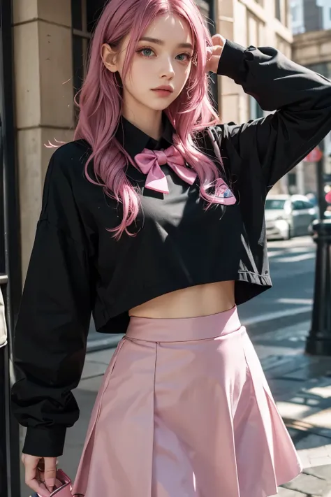 woman, black shirt, long sleeves, pink bowtie, pink skirt, black leggings, pink hair, long hair, green eyes